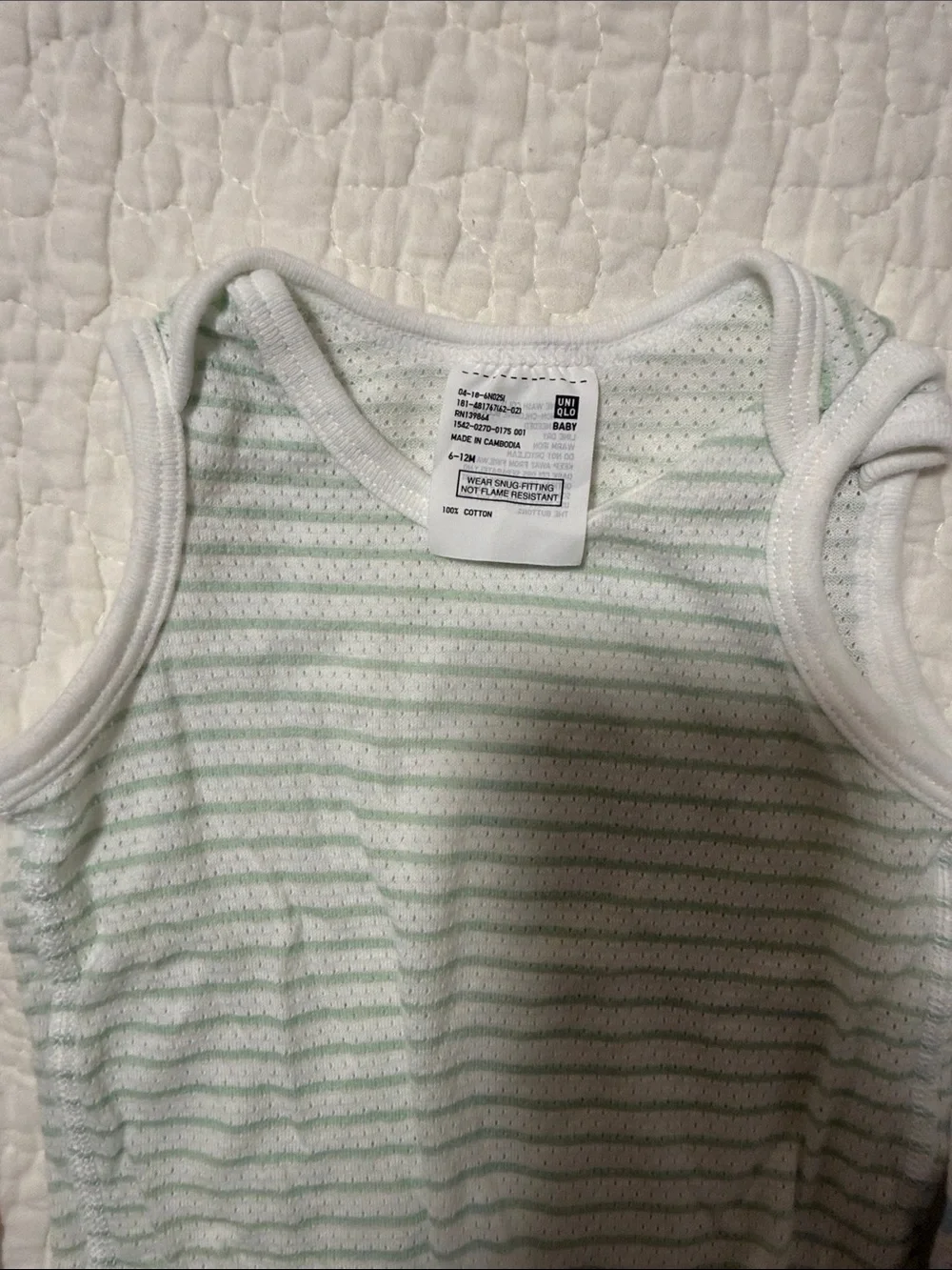 Uniqlo 6-12 months mesh Sleeveless One-Piece Bodysuit Pack - White, Light Green,